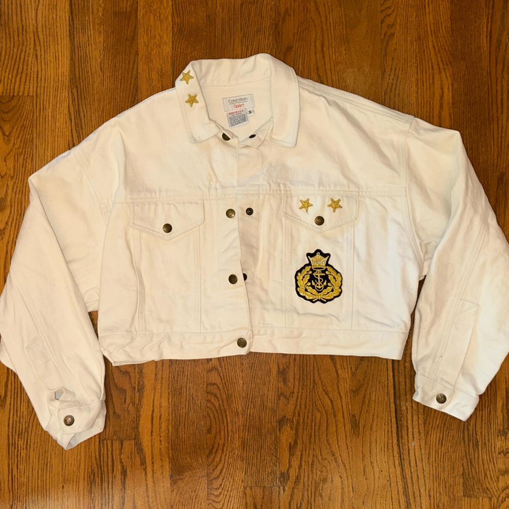 1980s Vintage Denim Calvin Klein White Jacket with Rolls Royce Patch